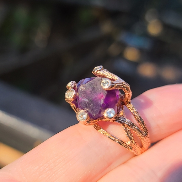 Amethyst raw nugget w/topaz accent stones sterling &rose gold ring sz7.75 - Picture 5 of 12